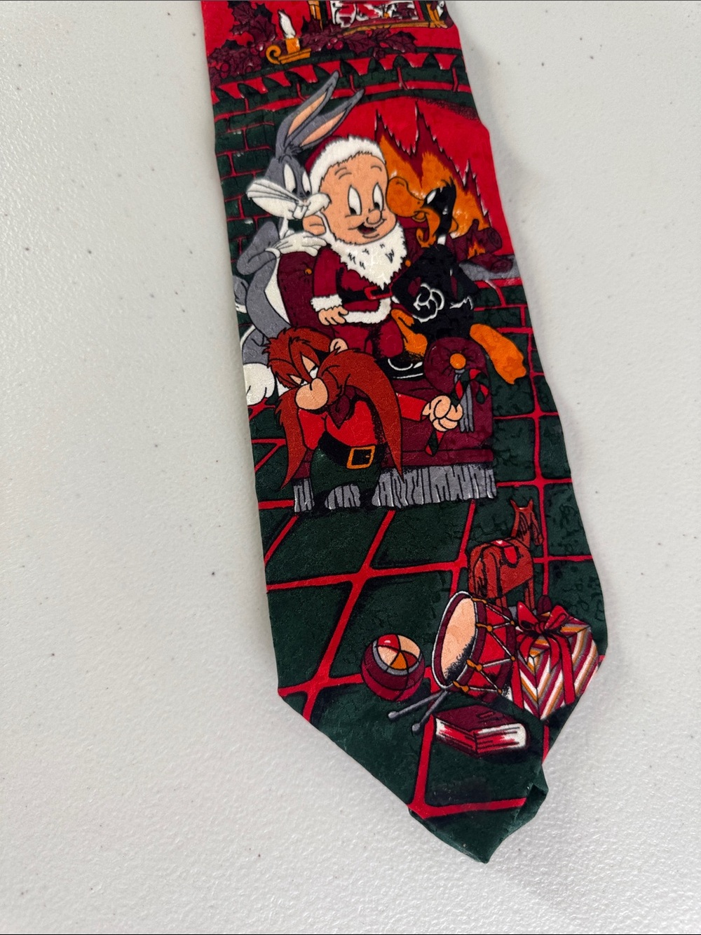 Vintage Looney Tunes Elmer Fudd Santa Bugs Bunny Print Silk Tie 90s Y2K Holiday - Picture 8 of 15
